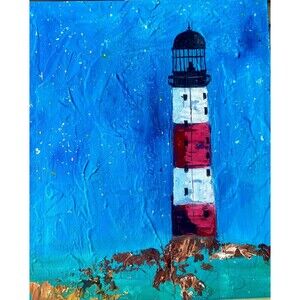 Original Impasto Oil Painting Lighthouse Seascape 8x10 Nautical Miniature